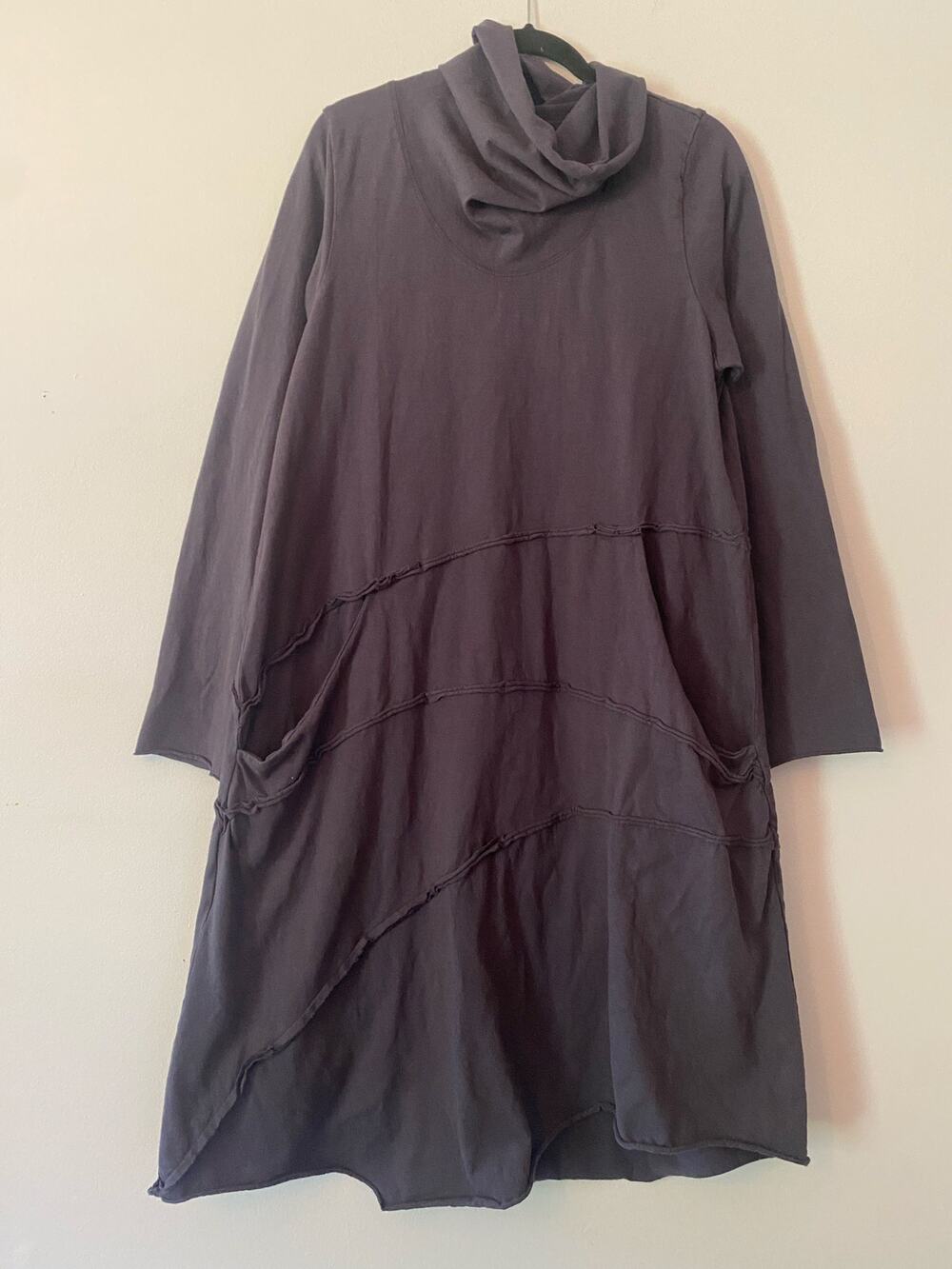 Cynthia Ashby Minimalist Purple Tiered Cowlneck Long Sleeve Midi Dress Lagenlook